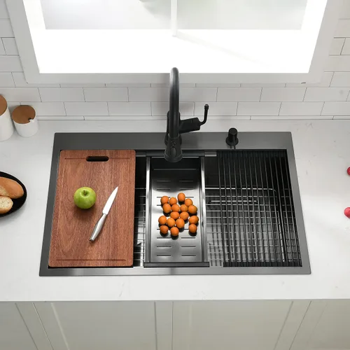 Miniatura 3 de Fregadero de cocina de 33 x 22 pulgadas, fregadero de cocina negro de 33 pulgadas, fregadero de estación de trabajo de acero inoxidable 304 negro