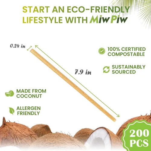 Miniatura 2 de Juego de 200 pajitas de coco biodegradables, desechables, sin plástico, ecológicas de fibra de coco a granel para bebidas frías y calientes
