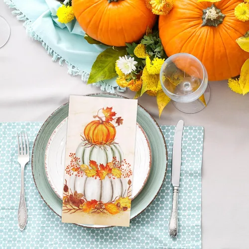 Miniatura 6 de Quera - 100 servilletas de papel para invitados de Acción de Gracias, calabazas, servilletas de papel desechables de otoño, toallas de mano de papel