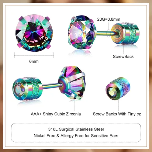 Miniatura 2 de VOLUKA Aretes tipo dormilona de acero inoxidable con circonita cúbica para mujeres y hombres, hipoalergénico de acero quirúrgico 316L, titanio