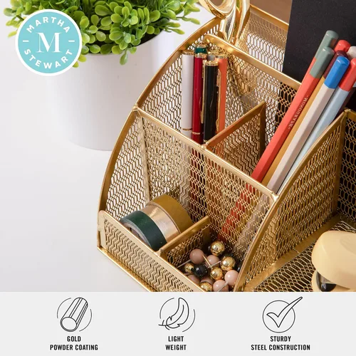 Miniatura 3 de Martha Stewart Ryder - Organizador de escritorio pequeño de metal de malla dorada para accesorios de oficina, cuadernos, soporte para bolígrafos