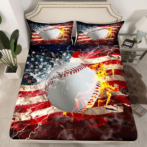 Miniatura 30 de Erosebridal American Flag Fitted Sheet Twin, Hockey Bedding Set United States Sports Games Bed Sheets for Kids Boys Teens Bedroom, Red White