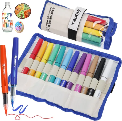 Marie's Marcadores de pintura acrílica, bolígrafos de pintura con punta de pincel a base de agua, estuche organizador transparente, tapas numeradas