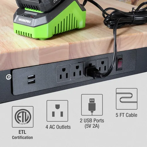 Miniatura 4 de WORKPRO Banco de trabajo ajustable de 60 pulgadas, estación de trabajo resistente con parte superior de madera de goma, capacidad de carga de 2000