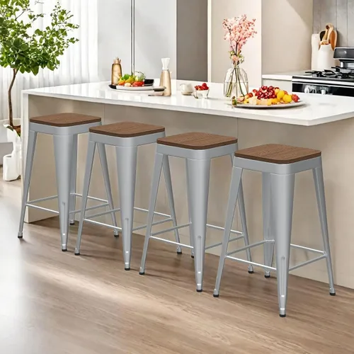 Miniatura 19 de Juego de 4 taburetes de bar de metal, taburetes de bar con respaldo alto con asiento de madera, taburetes de bar negros de 24 pulgadas para isla
