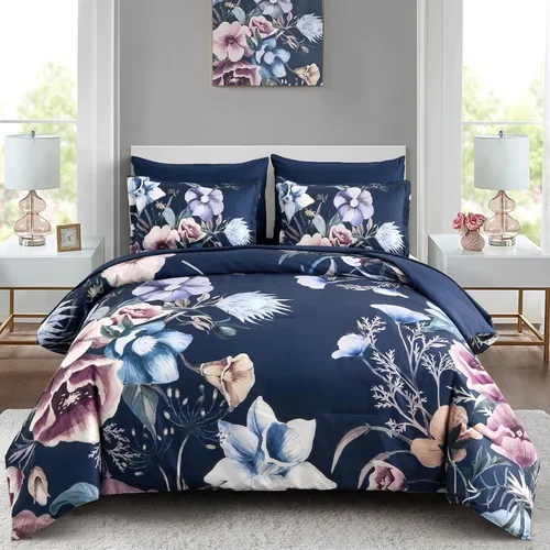 Miniatura 18 de Luxudecor Juego de edredón floral tamaño King de 7 piezas, cama de flores azul marino en una bolsa, elegante edredón floral con juego de sábanas