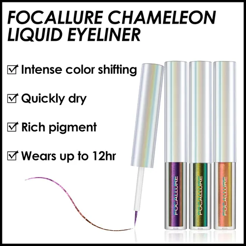 Miniatura 3 de FOCALLURE Delineador de ojos líquido camaleón, lápiz delineador de ojos intenso que cambia de color, acabado metálico multi-reflectante, a prueba