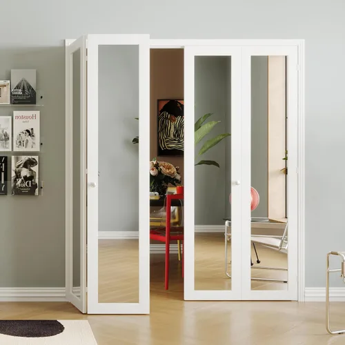 Miniatura 33 de Puerta plegable de 180 grados, para aberturas de 30 ″ x 80 ″, puerta plegable esmerilada blanca 3-Lite con bisagras, juego de herrajes para puertas