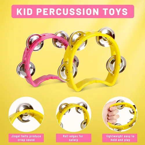 Miniatura 5 de Pandereta para niños, 4 unidades, instrumentos musicales para niños pequeños a partir de 3 años con 4 jingles de metal, certificado ASTM, no tóxico