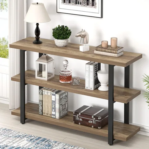 Miniatura 13 de FOLUBAN Mesas de consola para entrada, mesa de sofá moderna de madera y metal con estantes de almacenamiento para sala de estar, pasillo, entrada