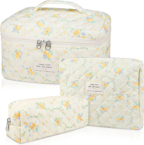 Miniatura 34 de Set de bolsas de maquillaje, bolsa de maquillaje acolchada, bolsa de cosméticos floral grande para mujeres, lindas bolsas de maquillaje de algodón