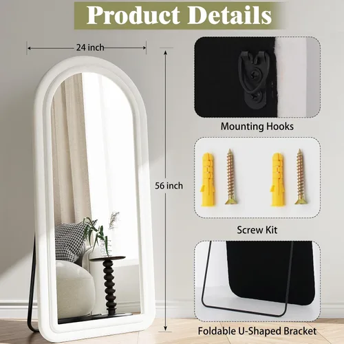 Miniatura 6 de Koonmi Espejo de longitud completa de 56 x 24 pulgadas, espejos de pared de franela, espejo de cuerpo completo arqueado de terciopelo con soporte