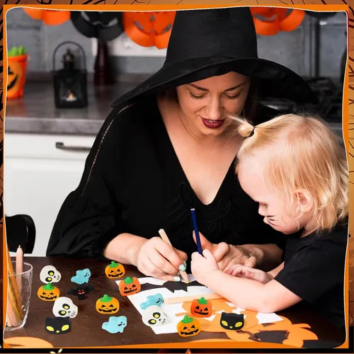 Miniatura 4 de AIQINHU Borradores de Halloween para niños a granel, 50 piezas grandes de Halloween, calabaza, fantasma, cráneo, murciélago, borradores para truco