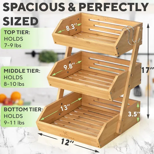 Miniatura 4 de KOMFORA Cesta de frutas de bambú de 3 niveles – Cesta de productos premium para cocina con 2 ganchos – Soporte duradero y fácil de montar