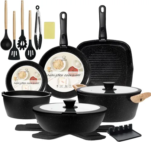 BECIGAR Juego de 23 ollas y sartenes de cerámica, antiadherentes con mango desmontable, juego de cocina de inducción con mango extraíble, incluye
