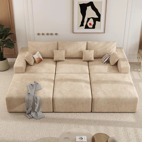 Miniatura 24 de Sofá cama seccional modular de 113", sofás de nube convertibles para sala de estar con otomana, juego de sofá cama de pana sin estructura de 6 Gris