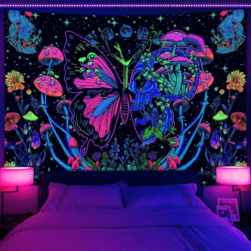 Miniatura 11 de Tapiz de calavera con luz negra, arte de pared de esqueleto reactivo a los rayos UV para dormitorio, pósteres de luz negra para adultos, tapiz