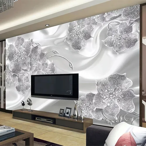 Miniatura 3 de Papel tapiz fotográfico 3D de flores de diamante plateado de lujo, papel tapiz removible, decoración de pared para sala de estar, dormitorio, fondo