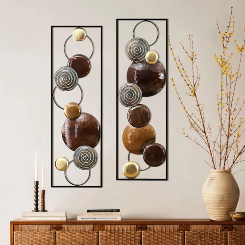 Miniatura 11 de LuxenHome - 2 piezas de arte de pared de metal, círculos multicolor de 36 x 12 pulgadas, decoración de pared rectangular abstracta de metal