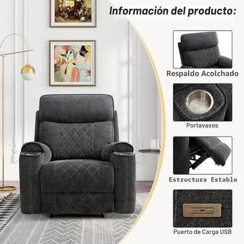Miniatura 4 de HAOMARKETS Silla reclinable eléctrica, sillón reclinable eléctrico de tela suave con portavasos de metal, sillas reclinables de alta resistencia