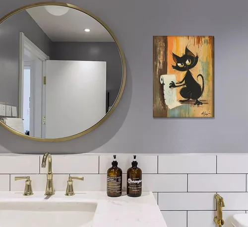 Miniatura 4 de Divertido Arte de Pared de Baño de Gato Negro en Lienzo Arte de Pared de Gato Abstracto con Imagen de Papel Higiénico Decoración de Pared Póster