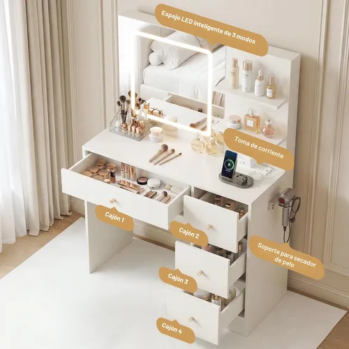 Miniatura 2 de Escritorio de tocador de maquillaje con espejo y luces, escritorio blanco de 37 pulgadas con toma de corriente y USB, 3 modos de espejo LED