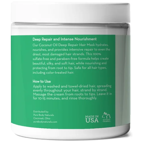 Miniatura 5 de Pure Body Naturals Mascarilla capilar de aceite de coco, tratamiento capilar acondicionador profundo para cabello seco dañado y teñido sin sulfatos