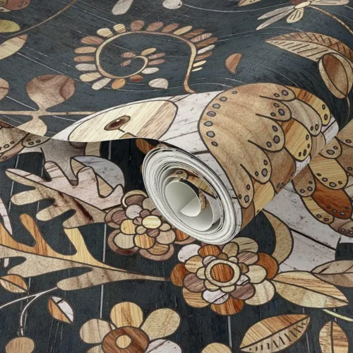 Miniatura 2 de Despegar y pegar papel tapiz Swatch – Collage de búhos grandes búhos madera naturaleza noche moderna casa de campo papel tapiz extraíble