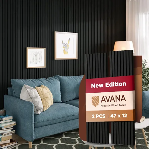 Miniatura 42 de Avana Paneles de pared de madera acústica de 94.4 x 12.6 pulgadas, 2 piezas de paneles acústicos de roble negro, paneles de pared para decoración