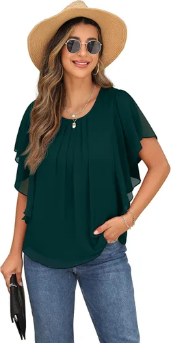 Miniatura 6 de QIXING Blusas de gasa con cuello redondo y cuello redondo de verano para mujer