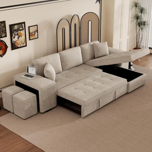 Miniatura 15 de Sofá cama modular de 104 pulgadas con diván convertible de almacenamiento y taburetes para sala de estar, moderno sofá cama extraíble de 3 asientos