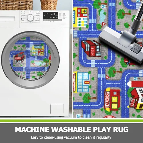 Miniatura 7 de Capslpad Alfombra Azul de Coche y Carretera para Niños, Alfombra de Juego para Sala de Juegos, Alfombra Antideslizante Lavable con Mapa de la Ciudad