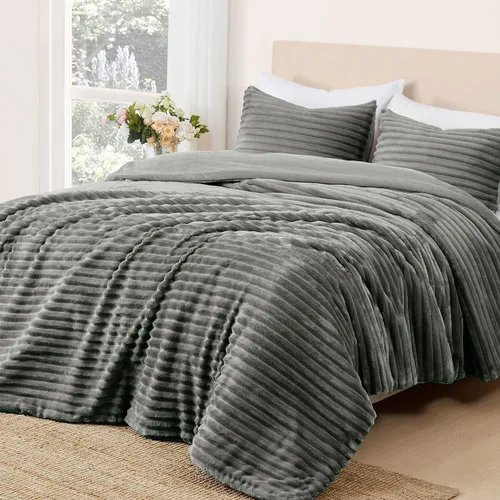Miniatura 2 de Geniospin juego de edredón de felpa tamaño queen, juegos de ropa de cama suave y esponjosa tamaño queen, juego de edredón gris de 3 piezas