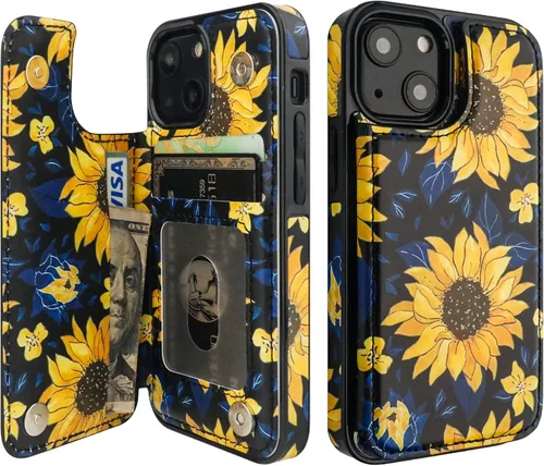 Miniatura 14 de HAOPINSH Funda para iPhone 13 Mini con tarjetero y diseño de flores en la parte posterior, con función atrás, de piel sintética, con ranuras