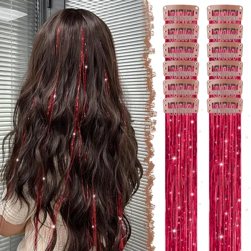 Miniatura 46 de FESHFEN Extensiones de cabello con clip de colores, 16 piezas de 8 colores resaltados, piezas de cabello sintético lacio con clip para mujer, 22