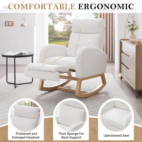 Miniatura 5 de Mecedora de lactancia de 40 pulgadas, sillas de guardería con reposapiés ajustable, respaldo alto, sillón tapizado con bolsillos laterales, mecedora