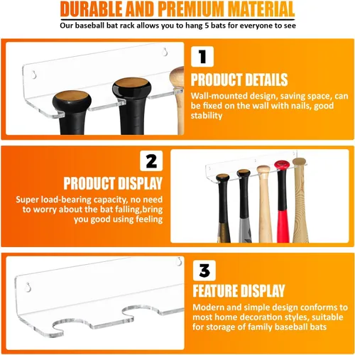 Miniatura 3 de Percha de exhibición de bate de béisbol para 5 bates o pelotas – Soporte vertical para bate y béisbol – Mejor que el vitrina Acrílico resistente