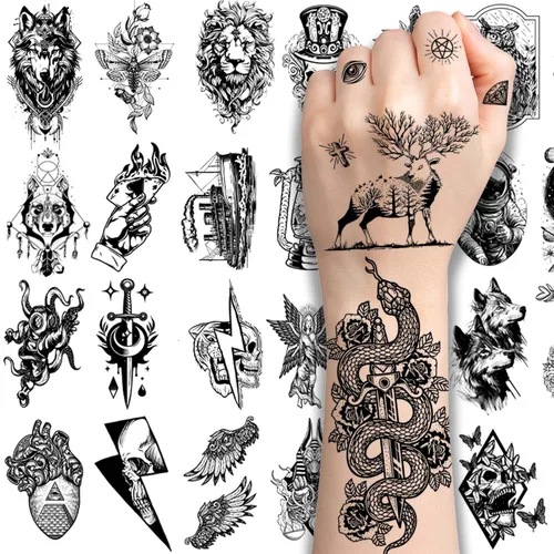 winthrop 80 hojas de tatuajes temporales pequeños para adultos, tema negro, impermeable, arte corporal, tatuajes realistas, incluye león, lobo,