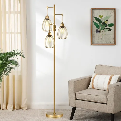 Miniatura 8 de Lámpara de pie regulable, lámparas de pie industriales para sala de estar, lámpara de árbol dorada, lámparas altas con 3 elegantes cabezales