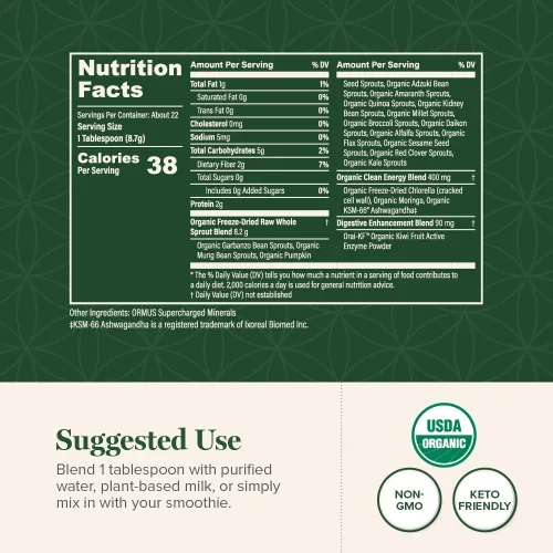Miniatura 3 de Global Healing Organic Super Greens Powder Blend - Mezcla de Polvo de Superalimentos Verdes Orgánicos con 15 Brotes Enteros Crudos - Deliciosa