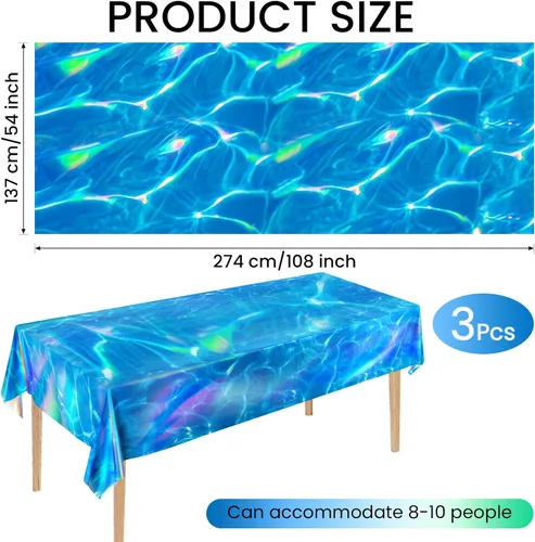 Miniatura 2 de 3 Piezas Manteles de Ondas Oceánicas Iridiscentes, 54 x 108 Pulgadas Mantel de Mesa de Plástico Desechable del Océano, Manteles con Estampado