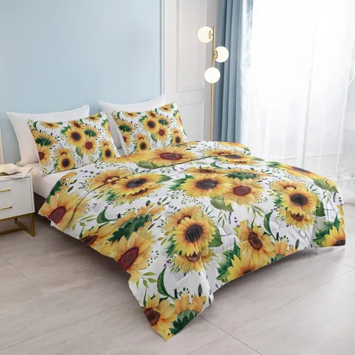 Miniatura 3 de Juego de edredón suave de lujo con diseño floral de girasol y hojas verdes, 1 edredón y 2 fundas de almohada