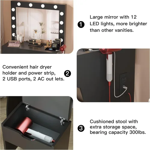 Miniatura 5 de Juego de mesa de tocador con espejo iluminado, tocador de maquillaje con estación de carga, cajón grande de madera resistente con luces, 3 modos