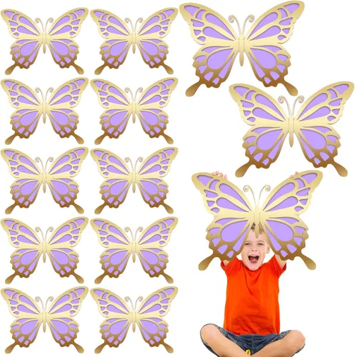 Miniatura 13 de Geyee 12 piezas de decoración de fiesta de mariposa grande 3D de 12 pulgadas, 10 pulgadas, centros de mesa de mariposa grandes para mesas, baby Oro