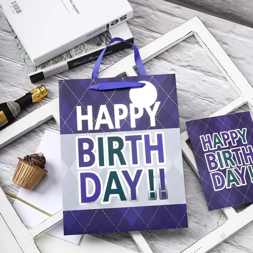 Miniatura 2 de Loveinside Bolsa de regalo a cuadros azul marino con texto en inglés «Happy Birthday» impresa, tamaño mediano con papel de seda, etiqueta, tarjeta