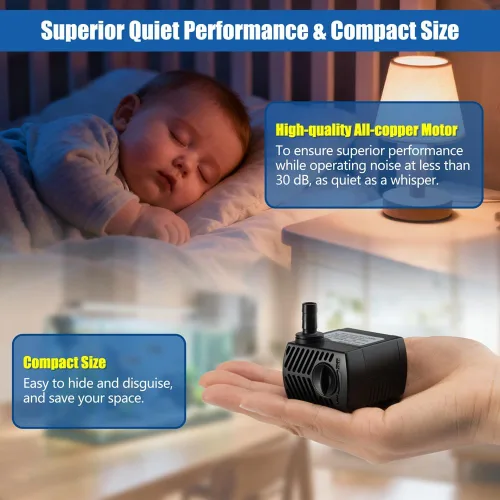 Miniatura 4 de Bomba de agua sumergible de 105 GPH con cable de alimentación de 4.76 pies y 2 boquillas, 5 W, ultra silenciosa, mini bomba de agua para acuario