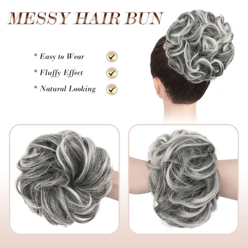 Miniatura 3 de FESHFEN Piezas de pelo de moño desordenado - Extensiones grandes de coleta elásticas onduladas y rizadas, coleteros sintéticos para chignon
