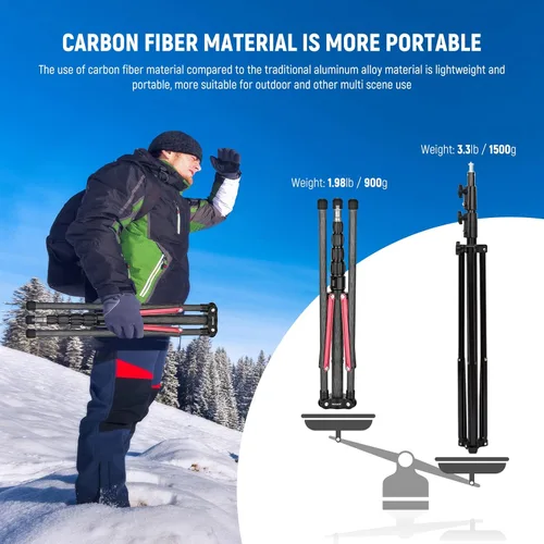 Miniatura 4 de NEEWER Soporte de luz de fibra de carbono con patas reversibles de 180°, adaptador de tornillo de 1/4 a 3/8 pulgadas y bolsa, soporte de trípode