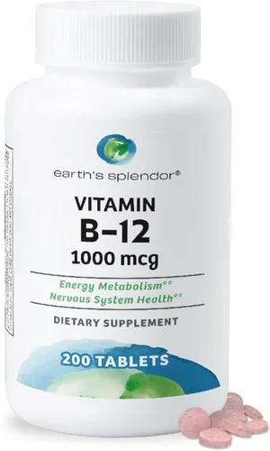 Suplementos de energía Earth's Splendor, con vitamina B12, sin color ni sabor artificial, sin gluten, apoyo para el metabolismo energético (1000