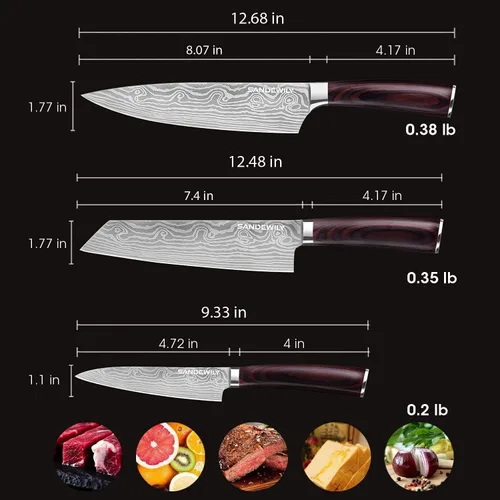 Miniatura 2 de Juego de cuchillos de cocina profesionales de acero inoxidable de alto carbono, 3 cuchillos japoneses ultra afilados con funda, mango ergonómico